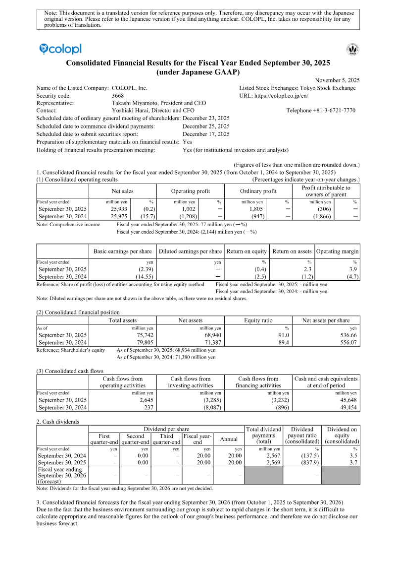 Cover of COLOPL Consolidated Financial Results for the Fiscal Year Ended September 30, 2025