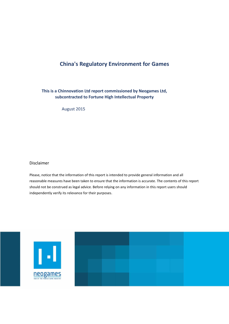 Cover of China's Regulatory Environment for Games