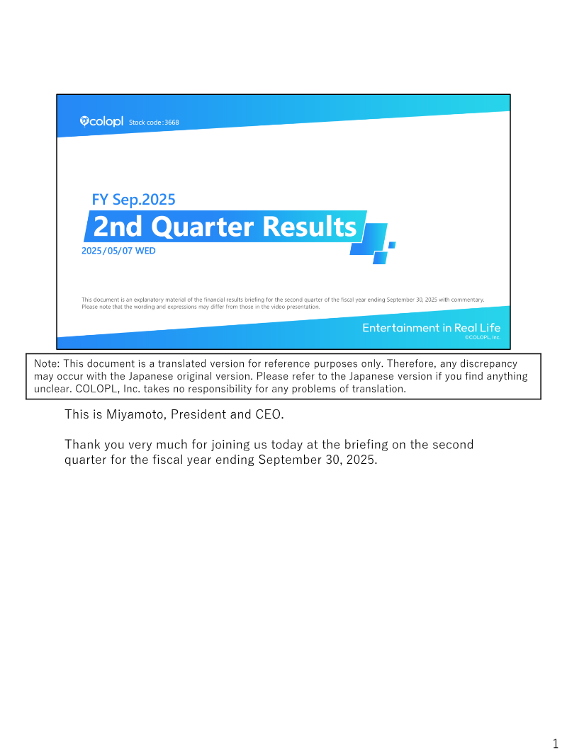 Cover of COLOPL FY Sep.2025 2nd Quarter Results
