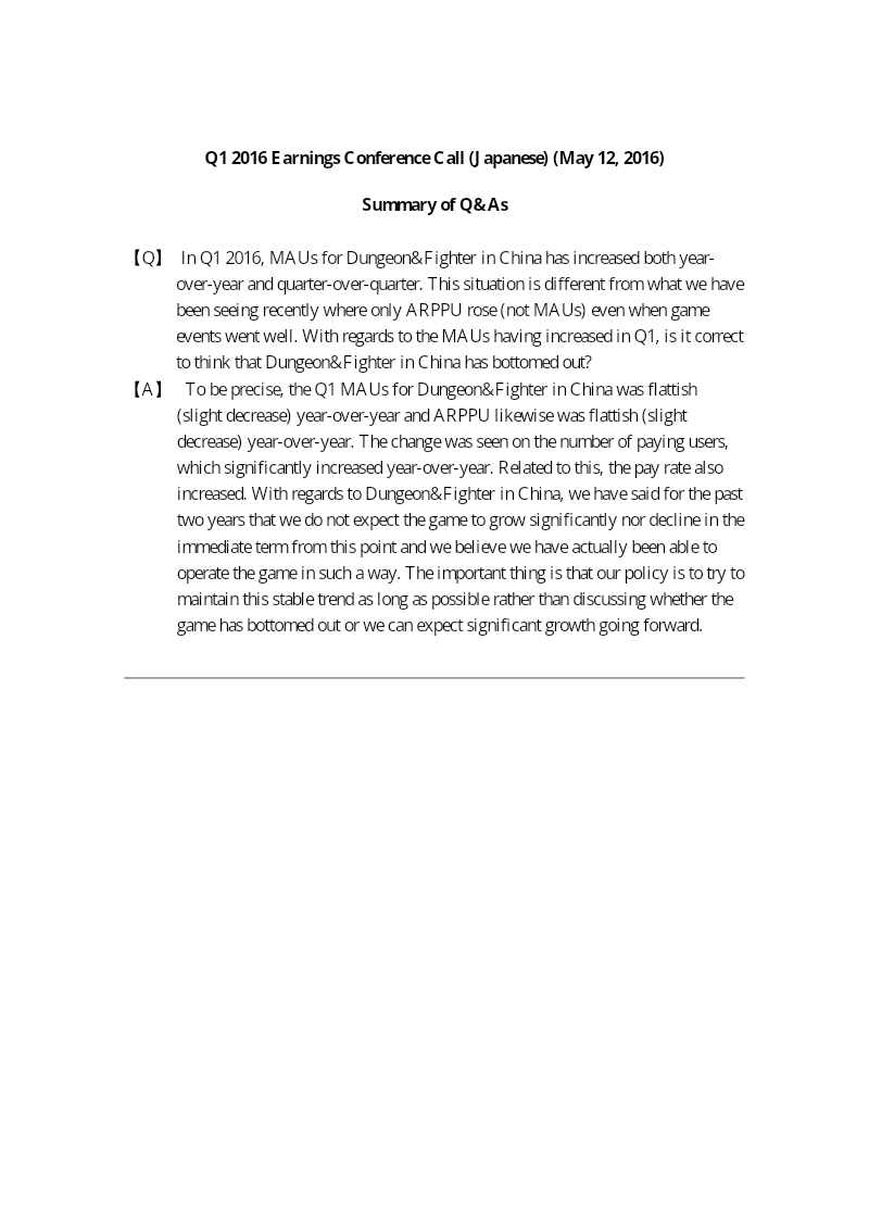 Cover of Nexon Q1 2016 Earnings Conference Call: Summary of Q&As