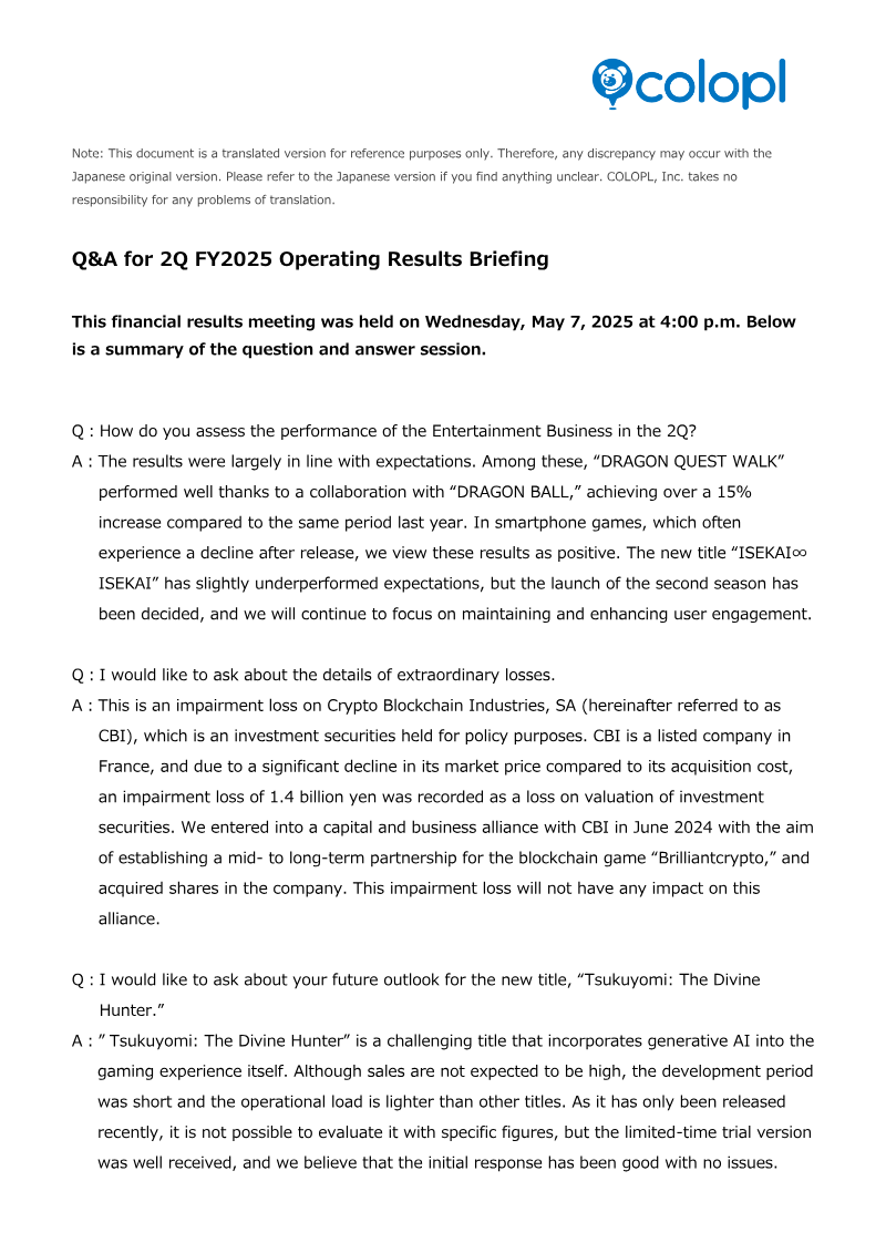 Cover of COLOPL 2Q FY2025 Operating Results Briefing: Q&A Summary