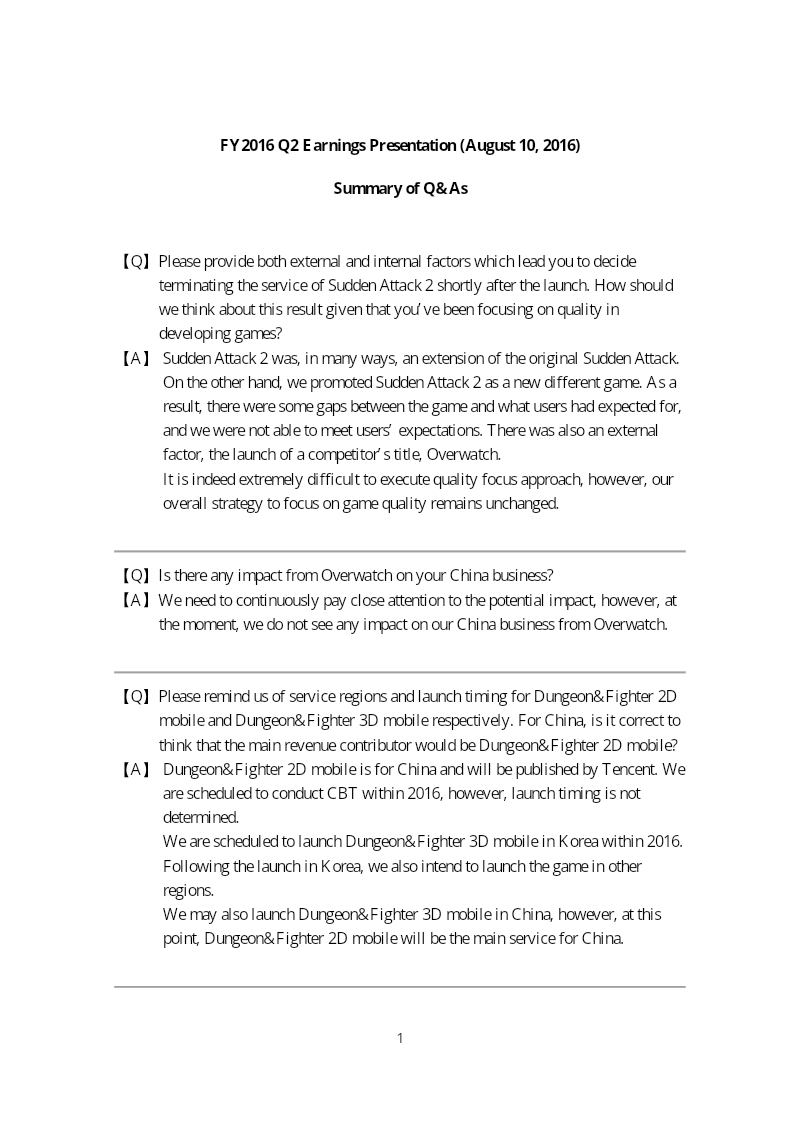 Cover of NEXON FY2016 Q2 Earnings Presentation: Summary of Q&As