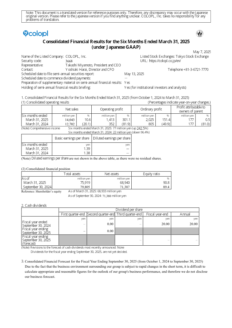 Cover of COLOPL Consolidated Financial Results for the Six Months Ended March 31, 2025