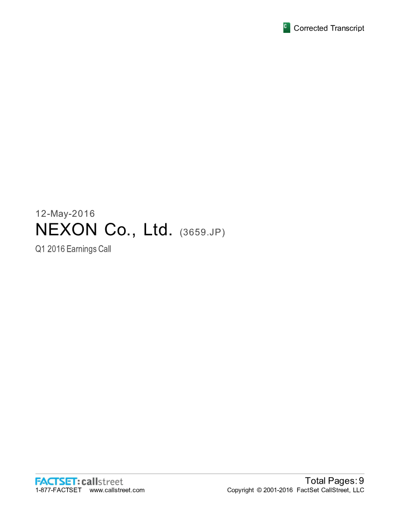 Cover of NEXON Co., Ltd. Q1 2016 Earnings Call