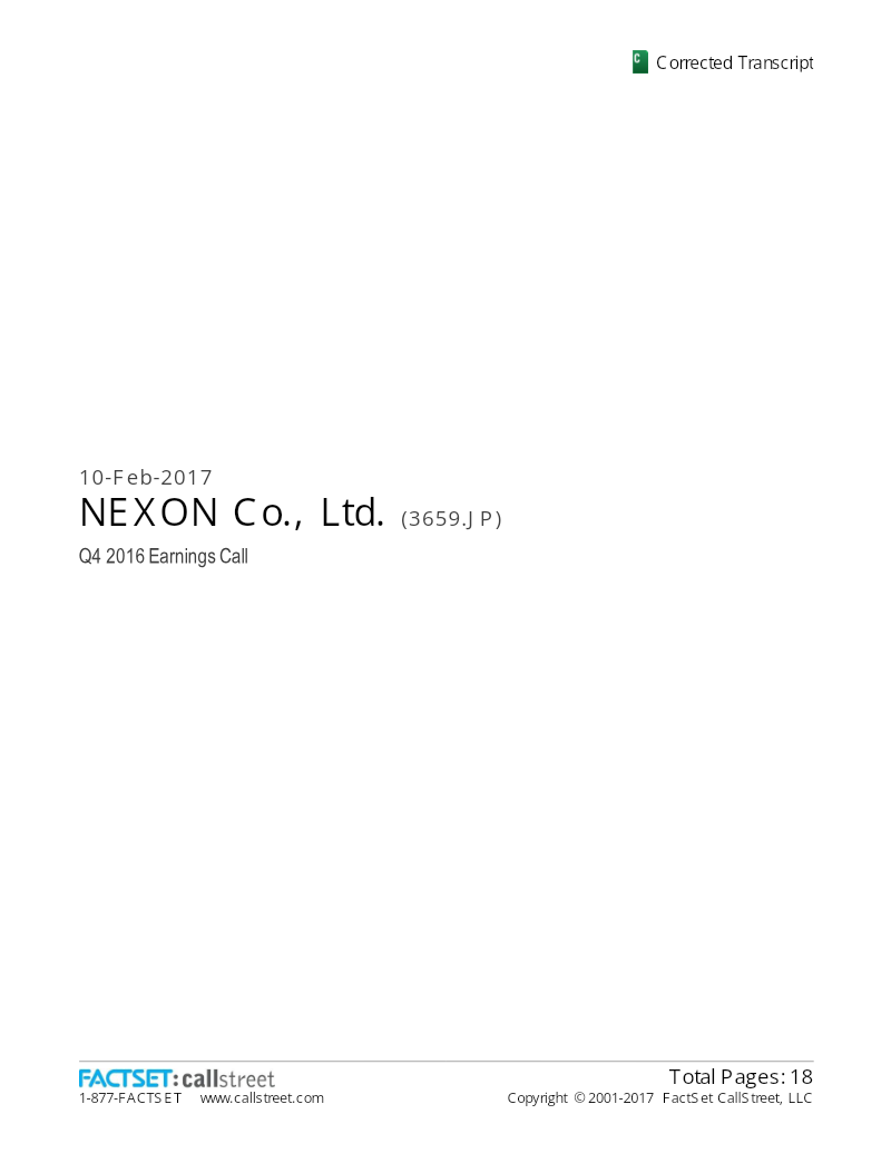 Cover of NEXON Q4 2016 Earnings Call