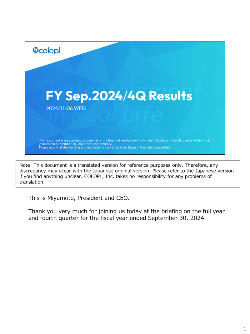 Cover of COLOPL FY Sep. 2024 Financial Results