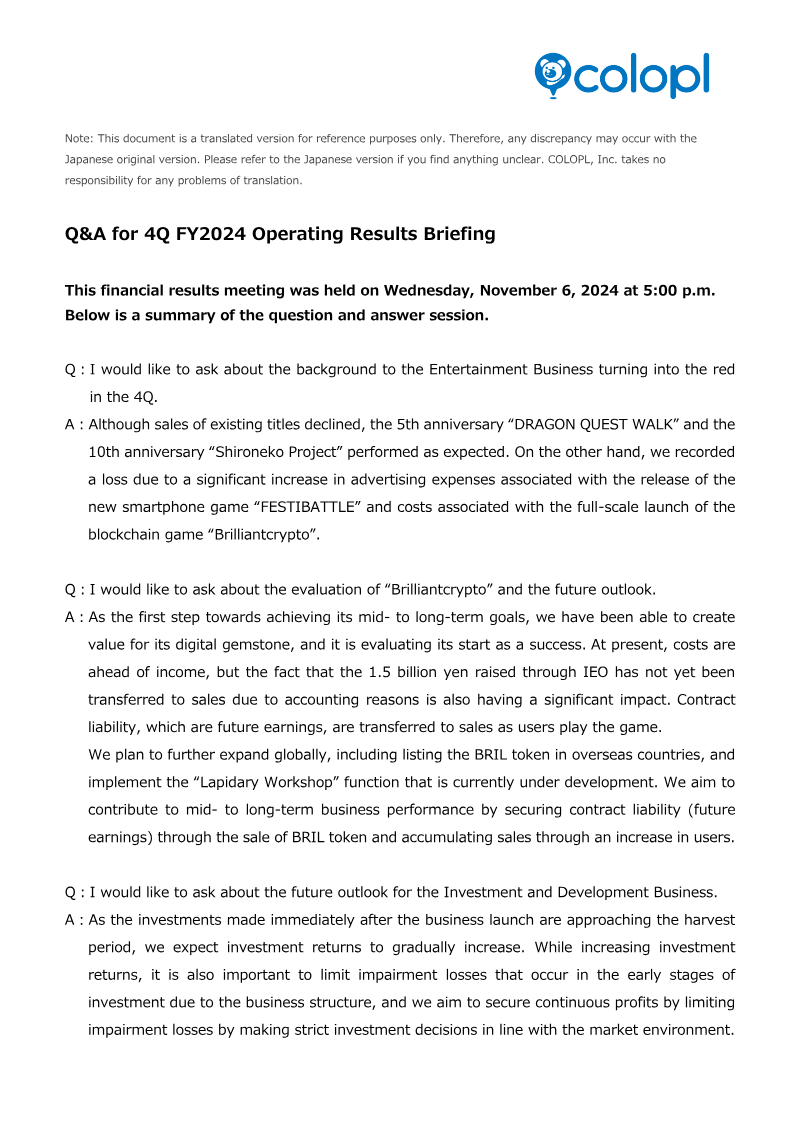 Cover of COLOPL 4Q FY2024 Operating Results: Q&A Summary