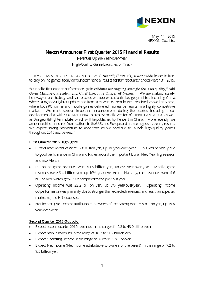 Cover of Nexon First Quarter 2015 Financial Results