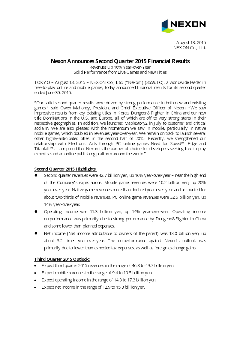 Cover of Nexon Second Quarter 2015 Financial Results