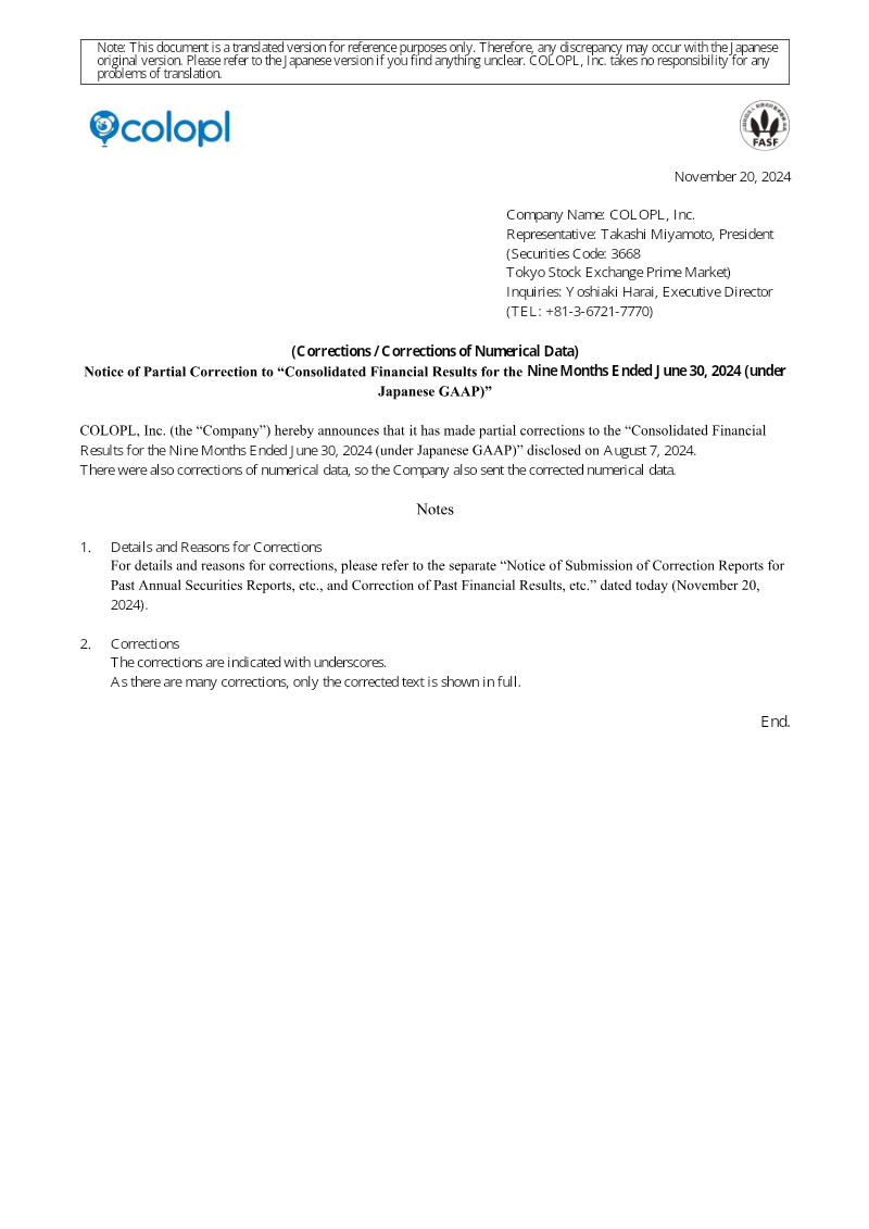 Cover of COLOPL Notice of Partial Correction to Consolidated Financial Results for the Nine Months Ended June 30, 2024