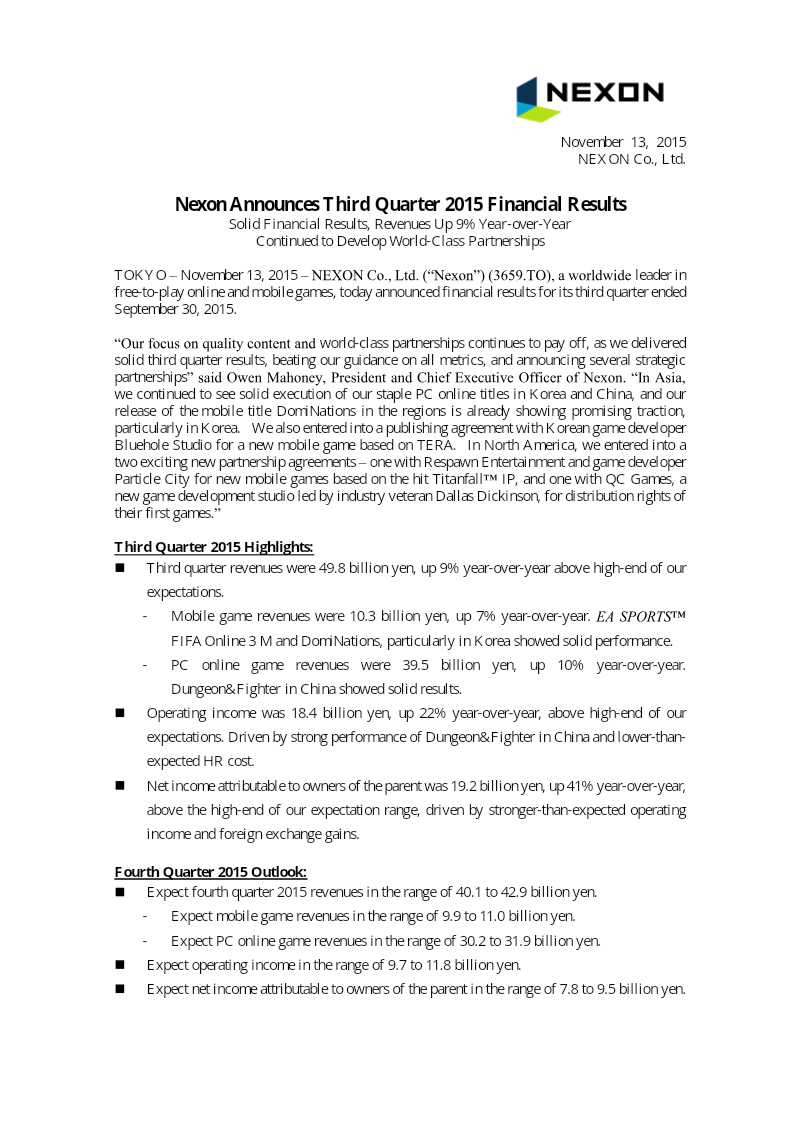 Cover of Nexon Third Quarter 2015 Financial Results