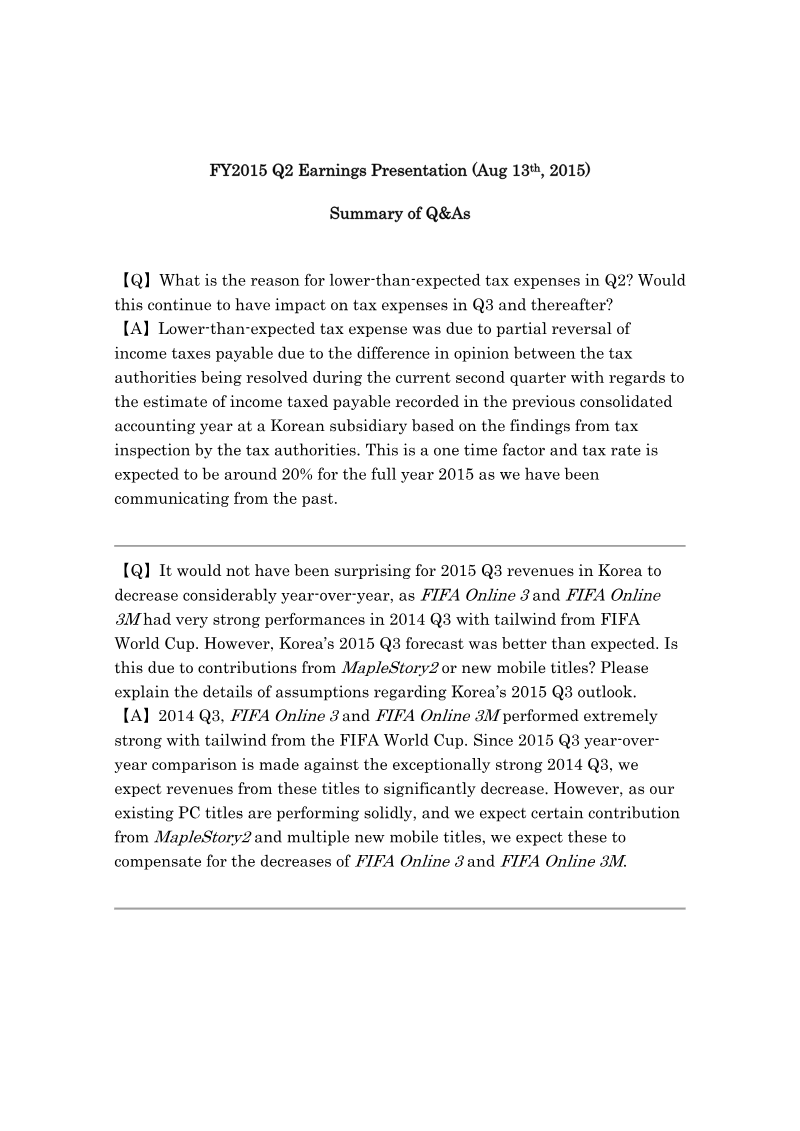 Cover of NEXON FY2015 Q2 Earnings Presentation: Summary of Q&As
