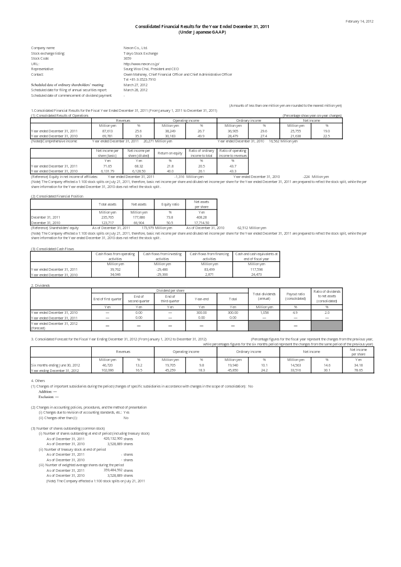 Cover of Nexon Consolidated Financial Results for the Year Ended December 31, 2011