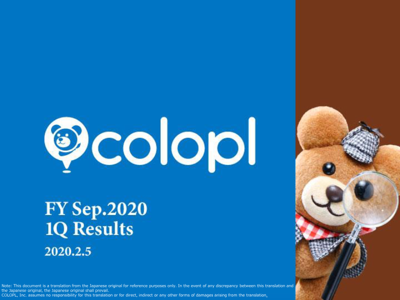 Cover of COLOPL 1Q FY Sep. 2020 Earnings Results
