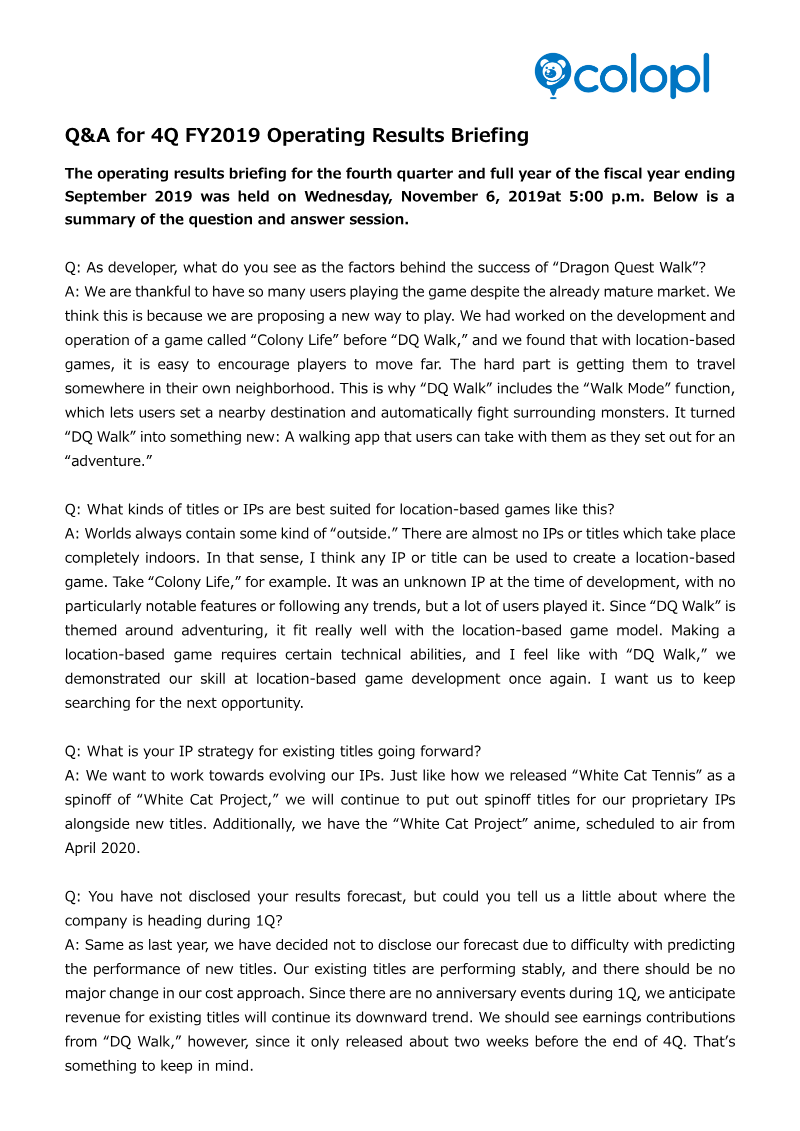 Cover of COLOPL 4Q FY2019 Operating Results Briefing: Question and Answer Summary