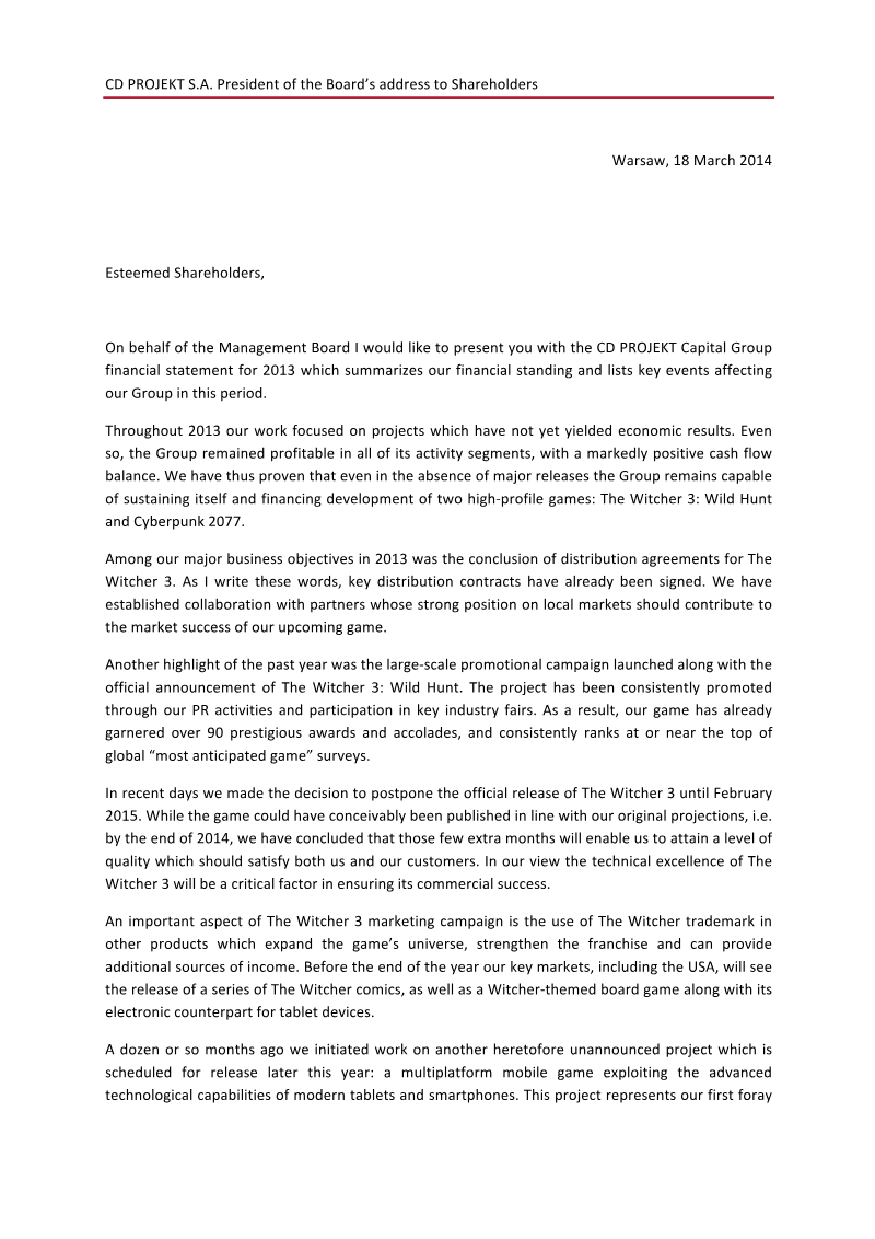 Cover of CD PROJEKT Capital Group: President of the Board's Address to Shareholders 2013