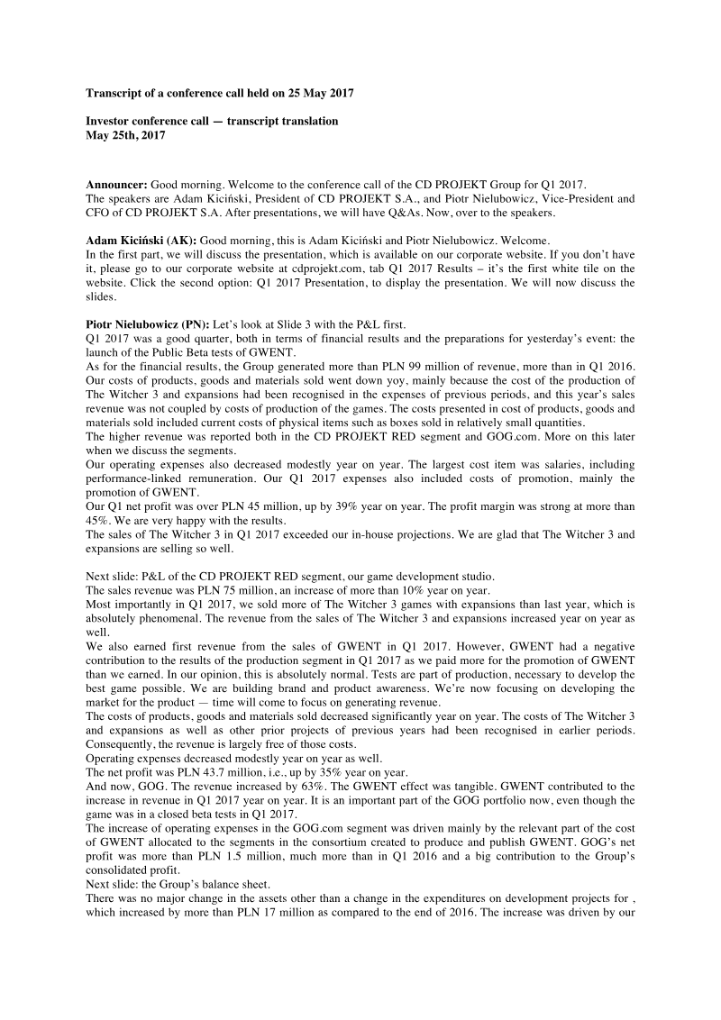 Cover of CD PROJEKT Group Q1 2017 Results: Transcript of Audio Webcast