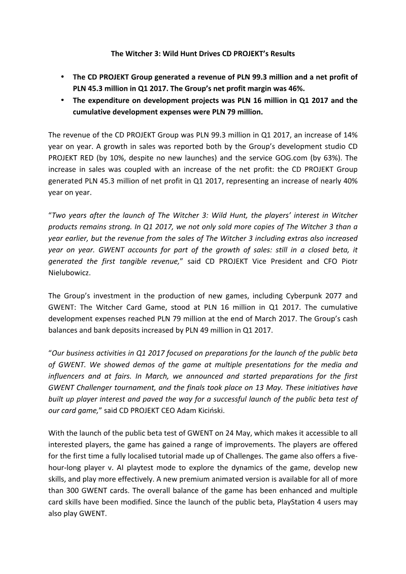 Cover of CD PROJEKT Q1 2017 Financial Results