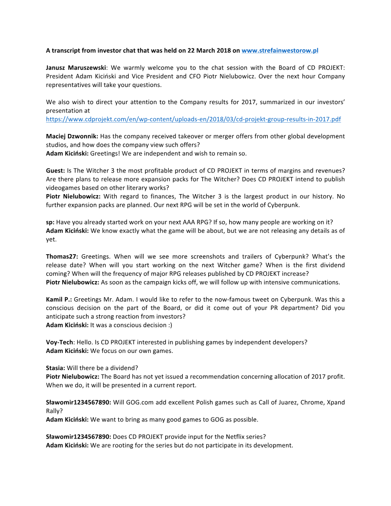 Cover of CD PROJEKT FY 2017 Financial Results: Chat Session with Individual Investors