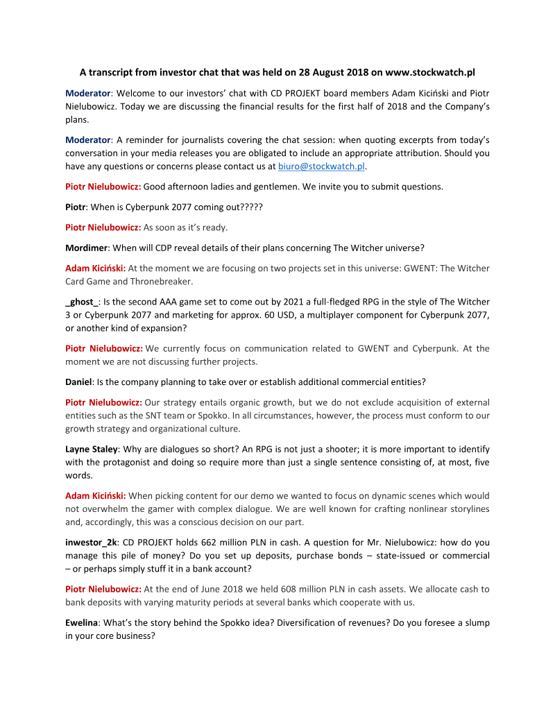 Cover of CD Projekt H1 2018 Financial Results: Chat Session with Individual Investors