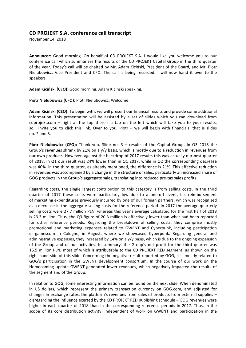 Cover of CD PROJEKT Q3 2018 Financial Results: Conference Call Transcript