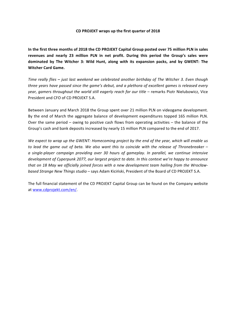 Cover of CD PROJEKT Q1 2018 Financial Results
