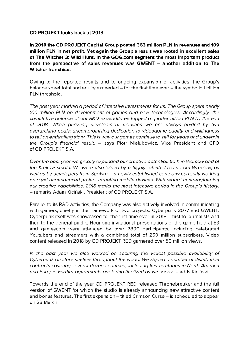Cover of CD PROJEKT FY 2018 Financial Results