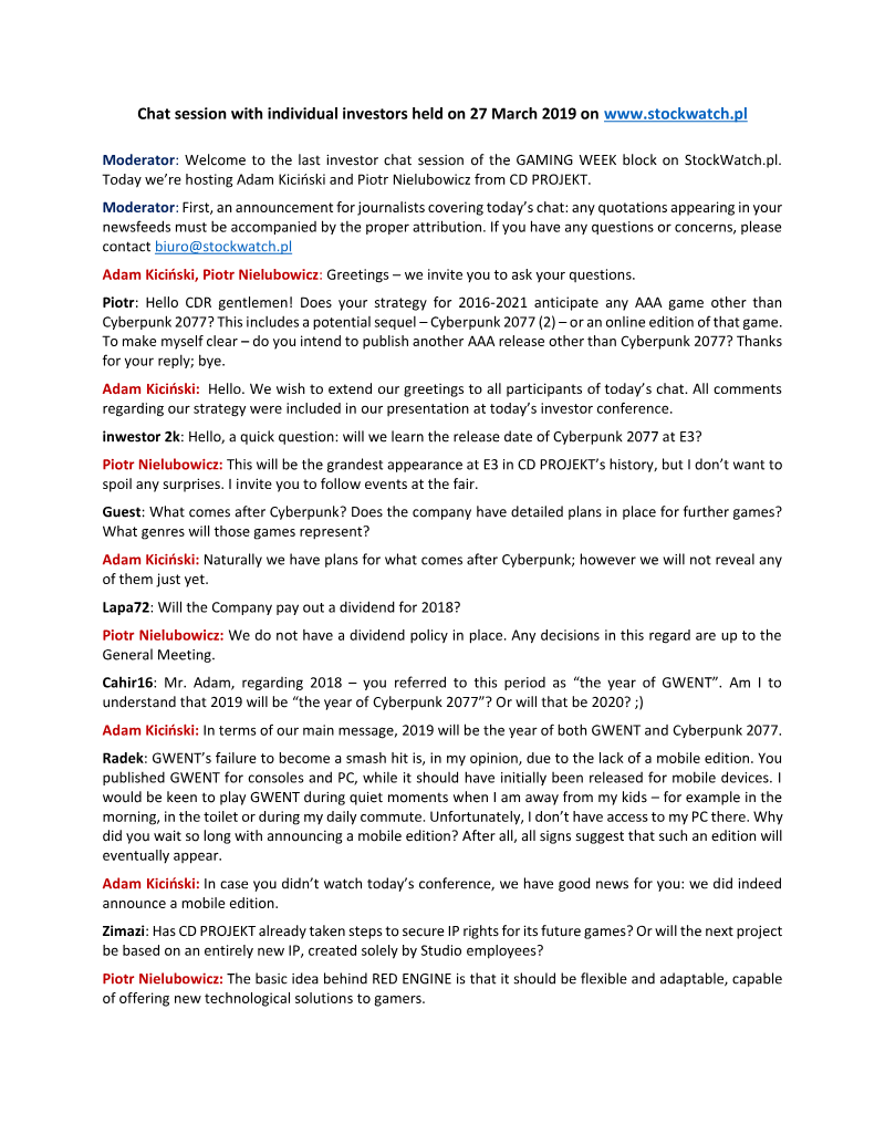 Cover of Chat Session with Individual Investors: 27 March 2019