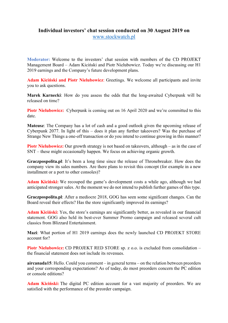 Cover of CD PROJEKT H1 2019 Financial Results: Chat Session with Individual Investors