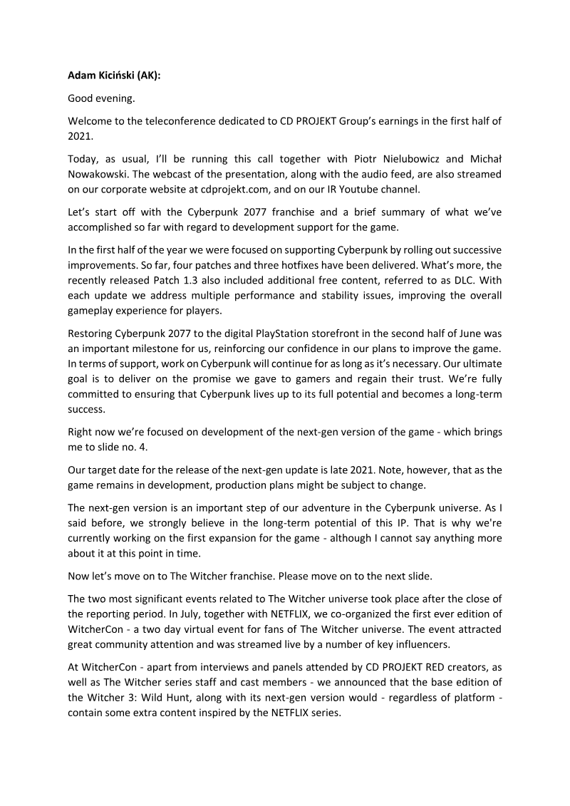 Cover of CD PROJEKT Group H1 2021 Financial Results