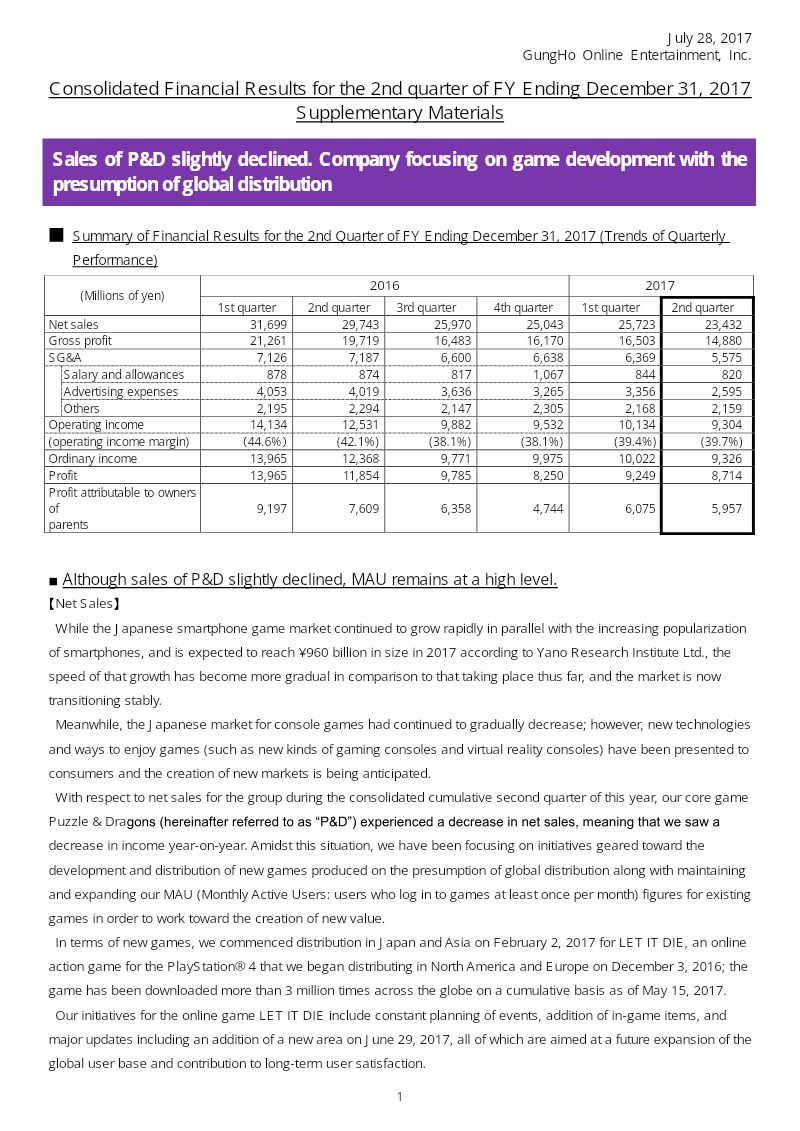 Cover of GungHo Online Entertainment Consolidated Financial Results: 2nd Quarter FY Ending December 31, 2017
