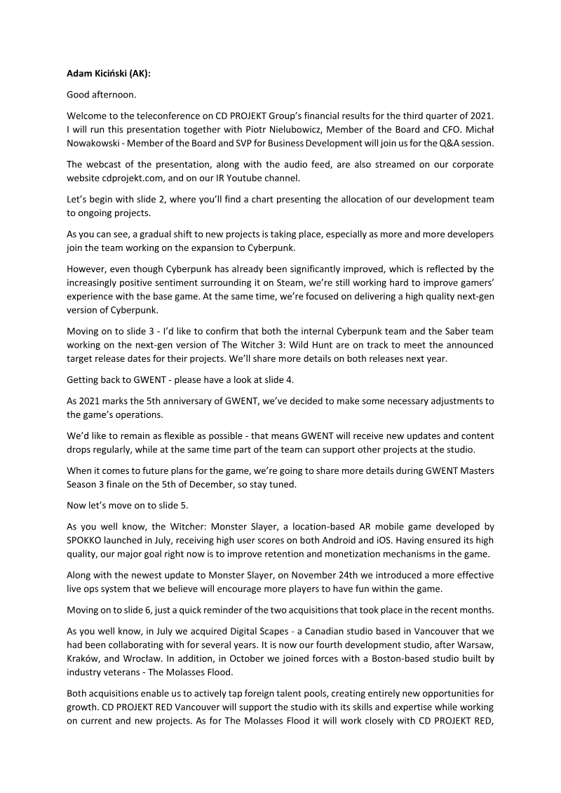 Cover of CD PROJEKT Group Q3 2021 Financial Results: Transcript of Audio Webcast