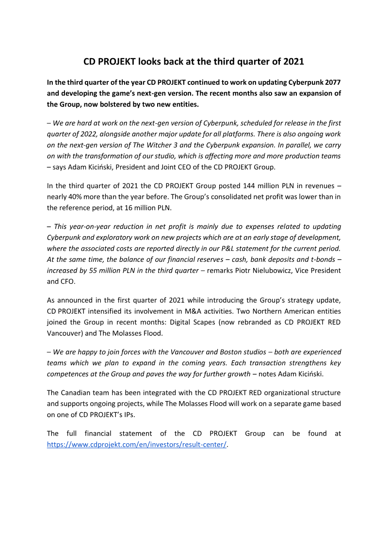 Cover of CD PROJEKT Q3 2021 Financial Results