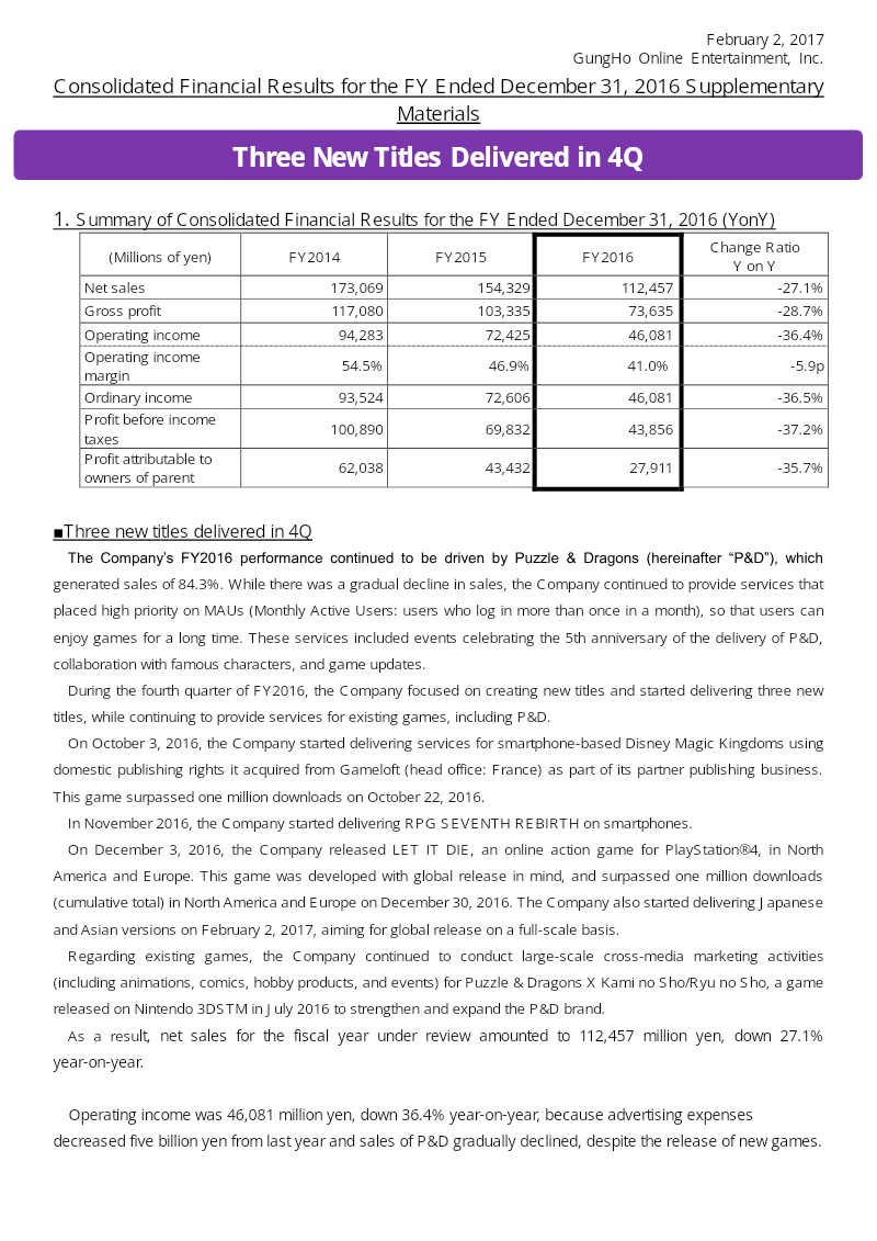 Cover of GungHo Online Entertainment Consolidated Financial Results for the Fiscal Year Ended December 31, 2016