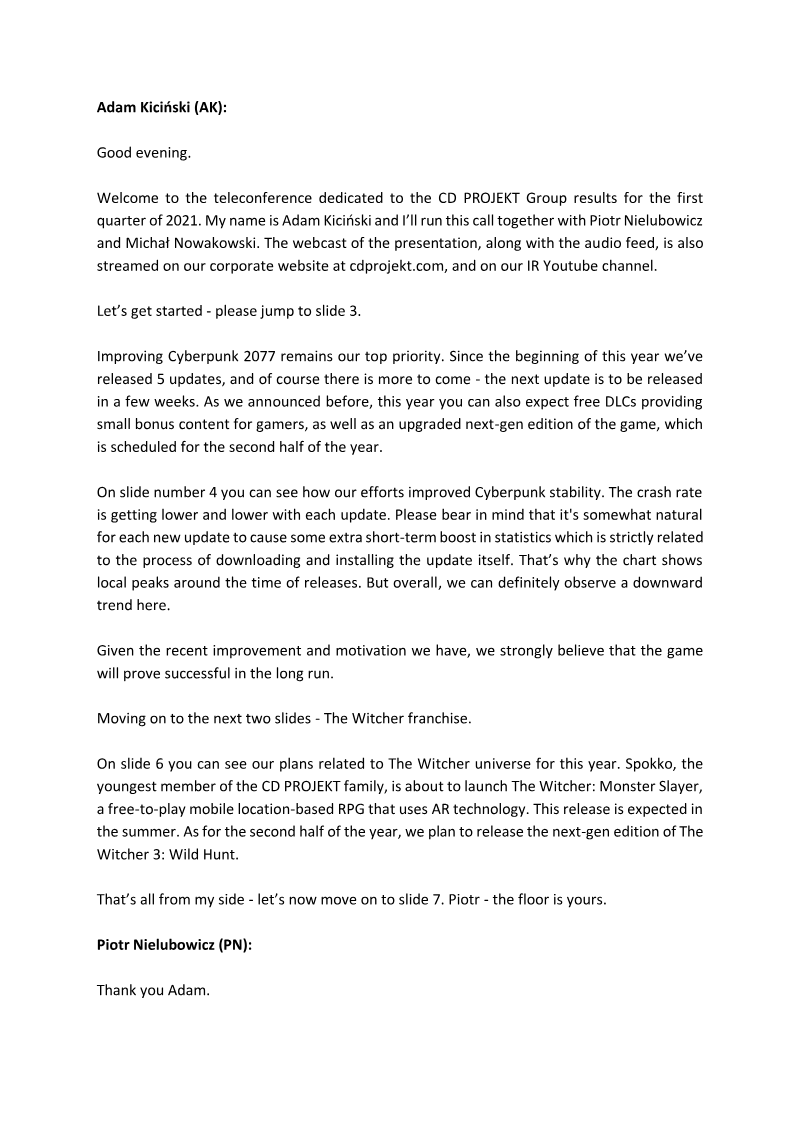 Cover of CD PROJEKT Group Q1 2021 Financial Results