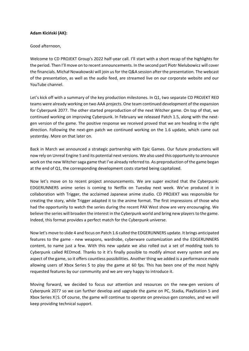 Cover of CD PROJEKT Group H1 2022 Financial Results