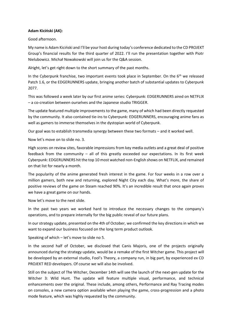 Cover of CD PROJEKT Group Q3 2022 Financial Results