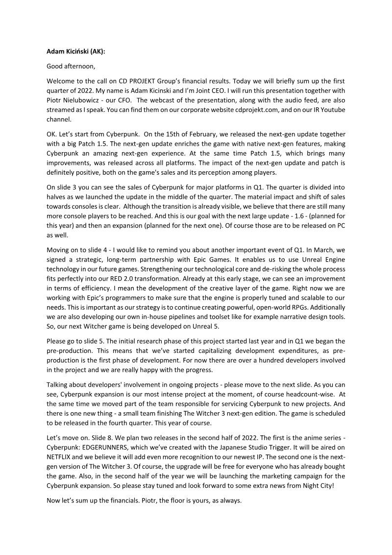 Cover of CD PROJEKT Group Q1 2022 Financial Results