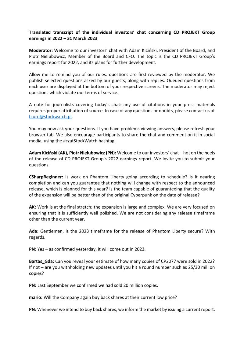 Cover of CD PROJEKT Group Earnings Report 2022: Individual Investors Chat