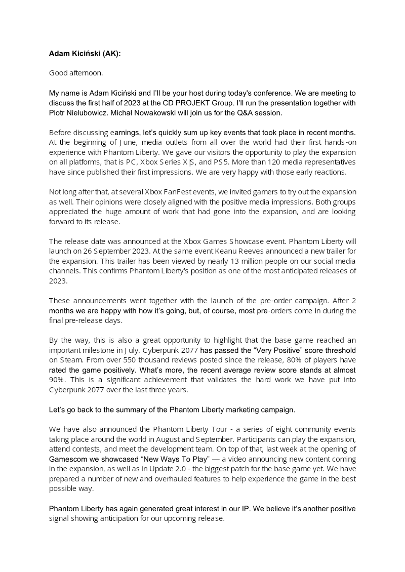 Cover of CD PROJEKT Group H1 2023 Financial Results