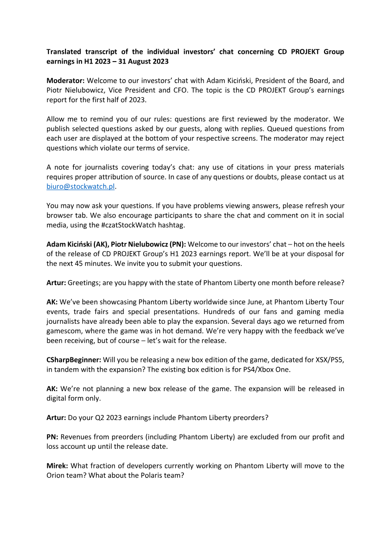 Cover of CD PROJEKT Group H1 2023 Earnings: Individual Investors' Chat