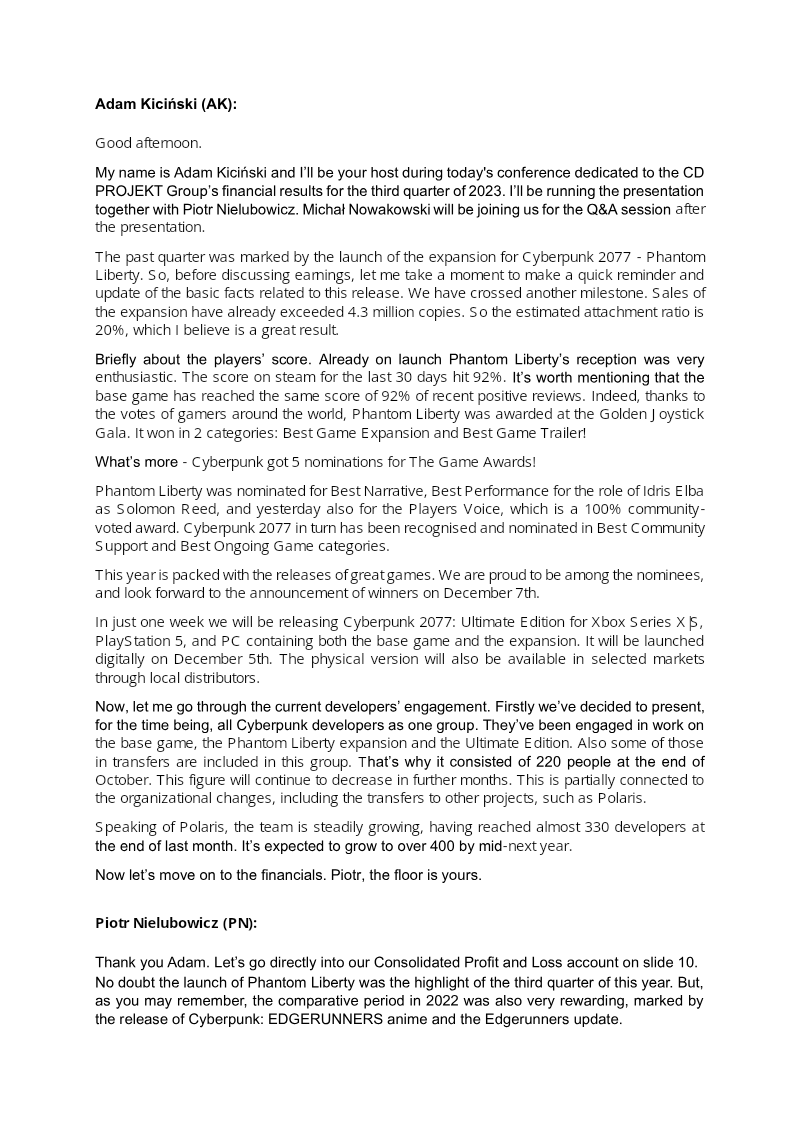Cover of CD PROJEKT Group Q3 2023 Financial Results