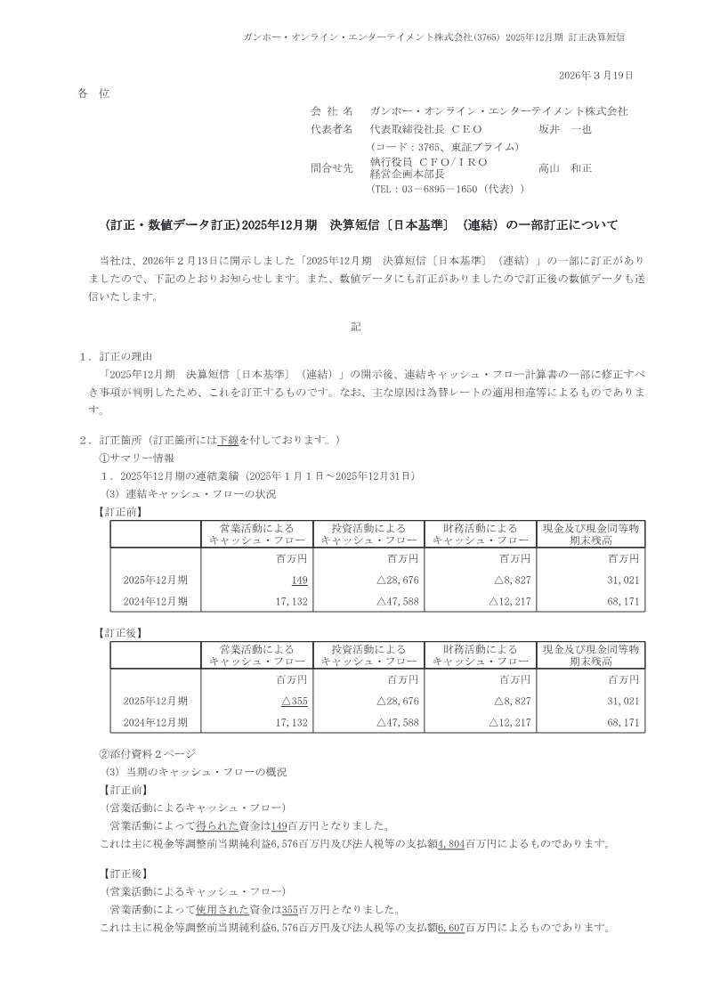 Cover of GungHo Online Entertainment: Correction to 2025 Financial Results