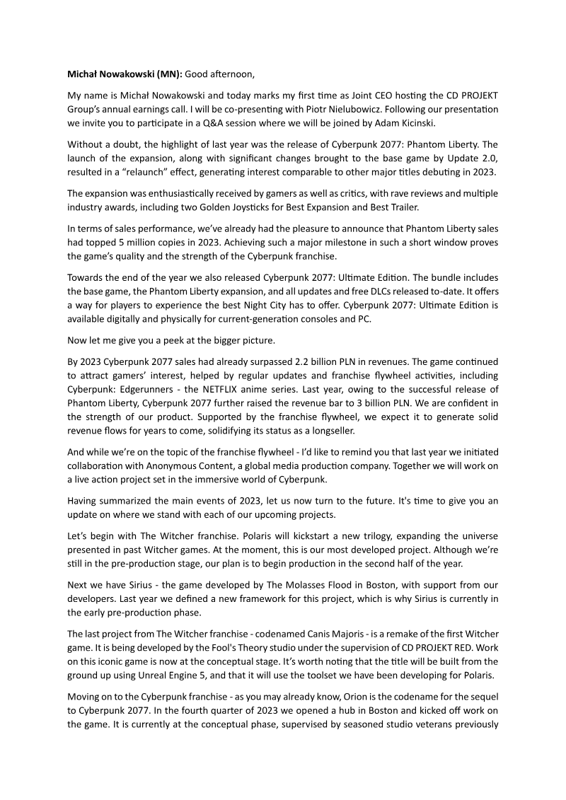 Cover of CD PROJEKT Group FY 2023 Earnings Results