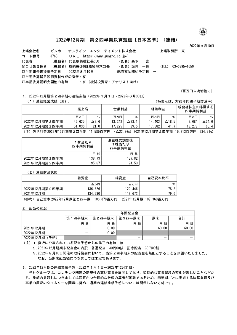 Cover of GungHo Online Entertainment FY2022 Q2 Financial Results