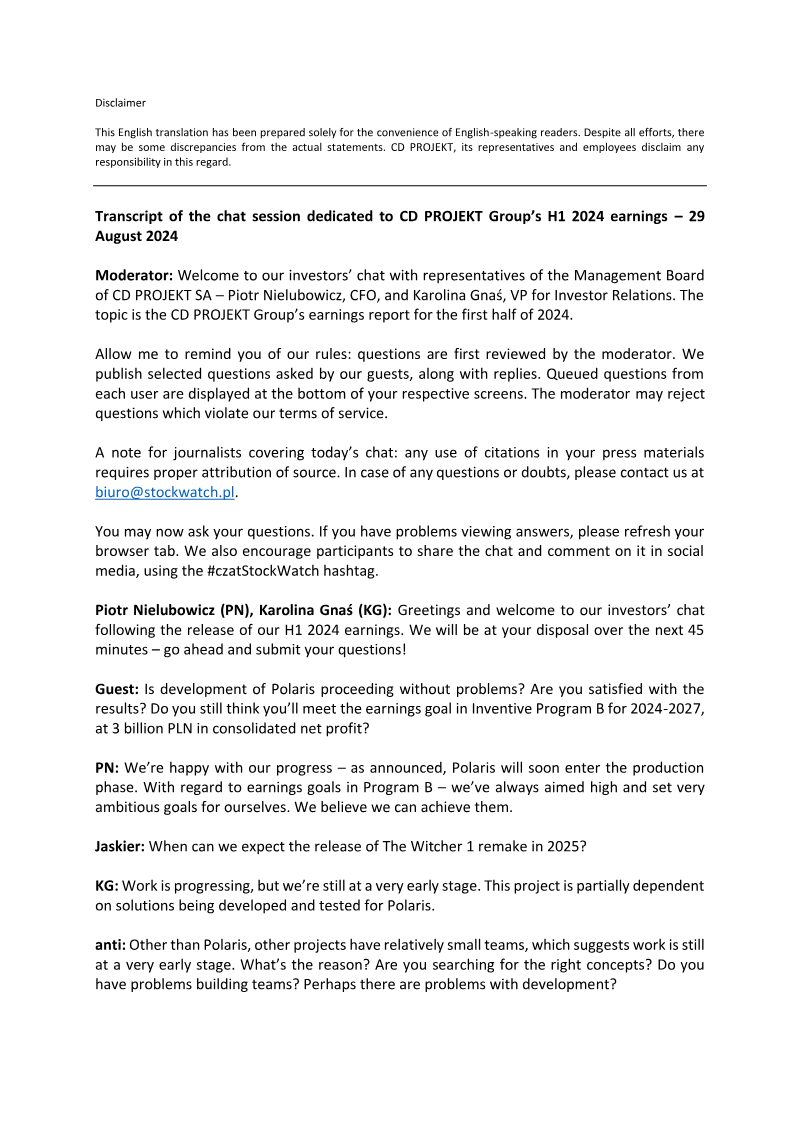 Cover of CD PROJEKT Group H1 2024 Earnings: Chat Session with Individual Investors