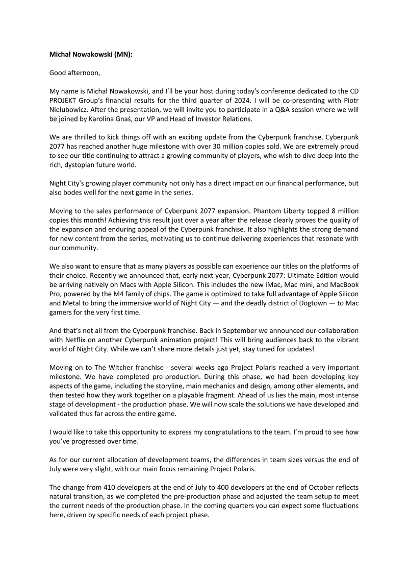 Cover of CD PROJEKT Group Q3 2024 Financial Results