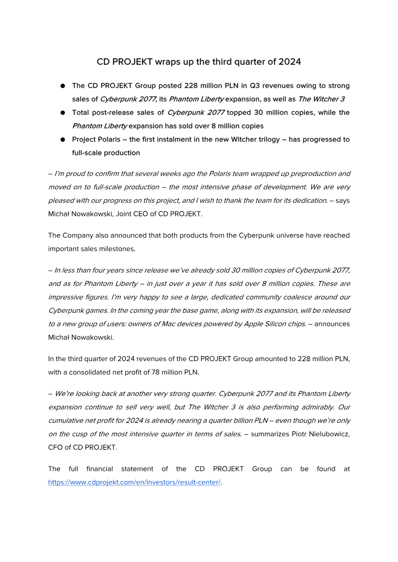 Cover of CD PROJEKT Q3 2024 Earnings Results