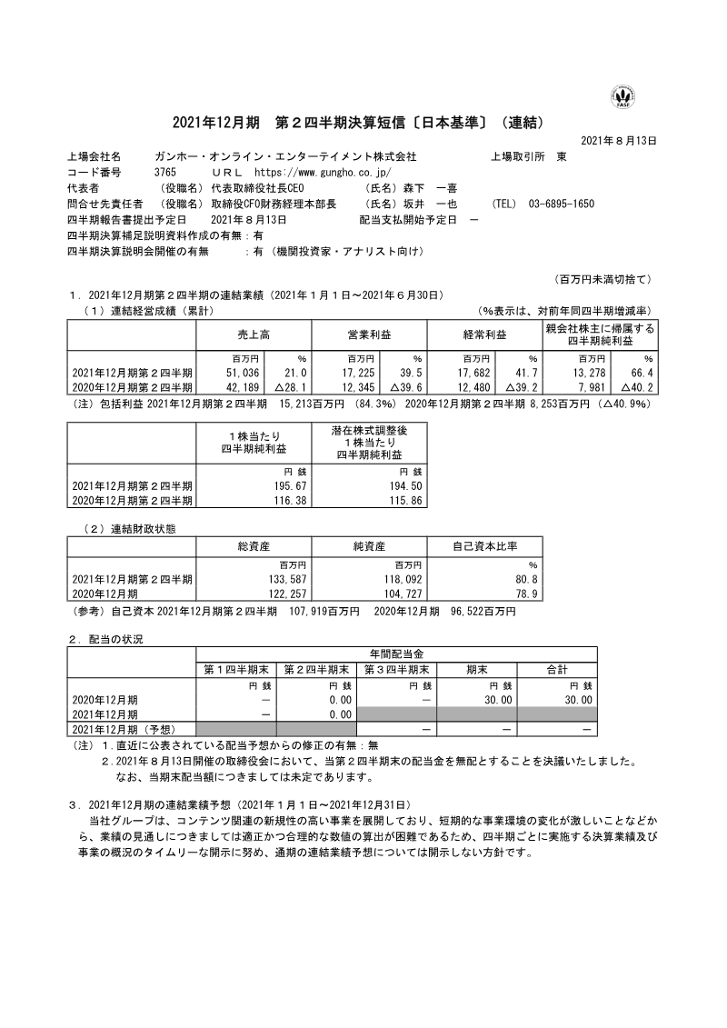 Cover of GungHo Online Entertainment FY2021 Q2 Financial Results