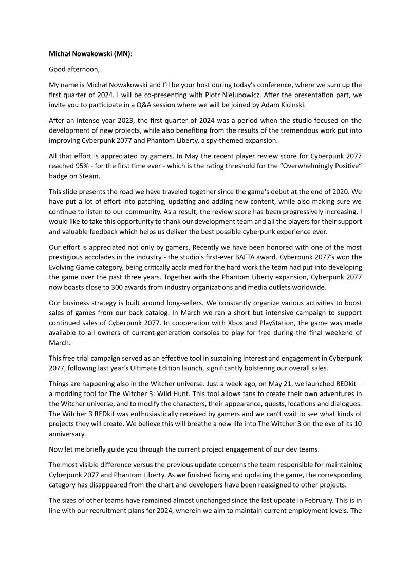 Cover of CD PROJEKT Group Q1 2024 Earnings Results